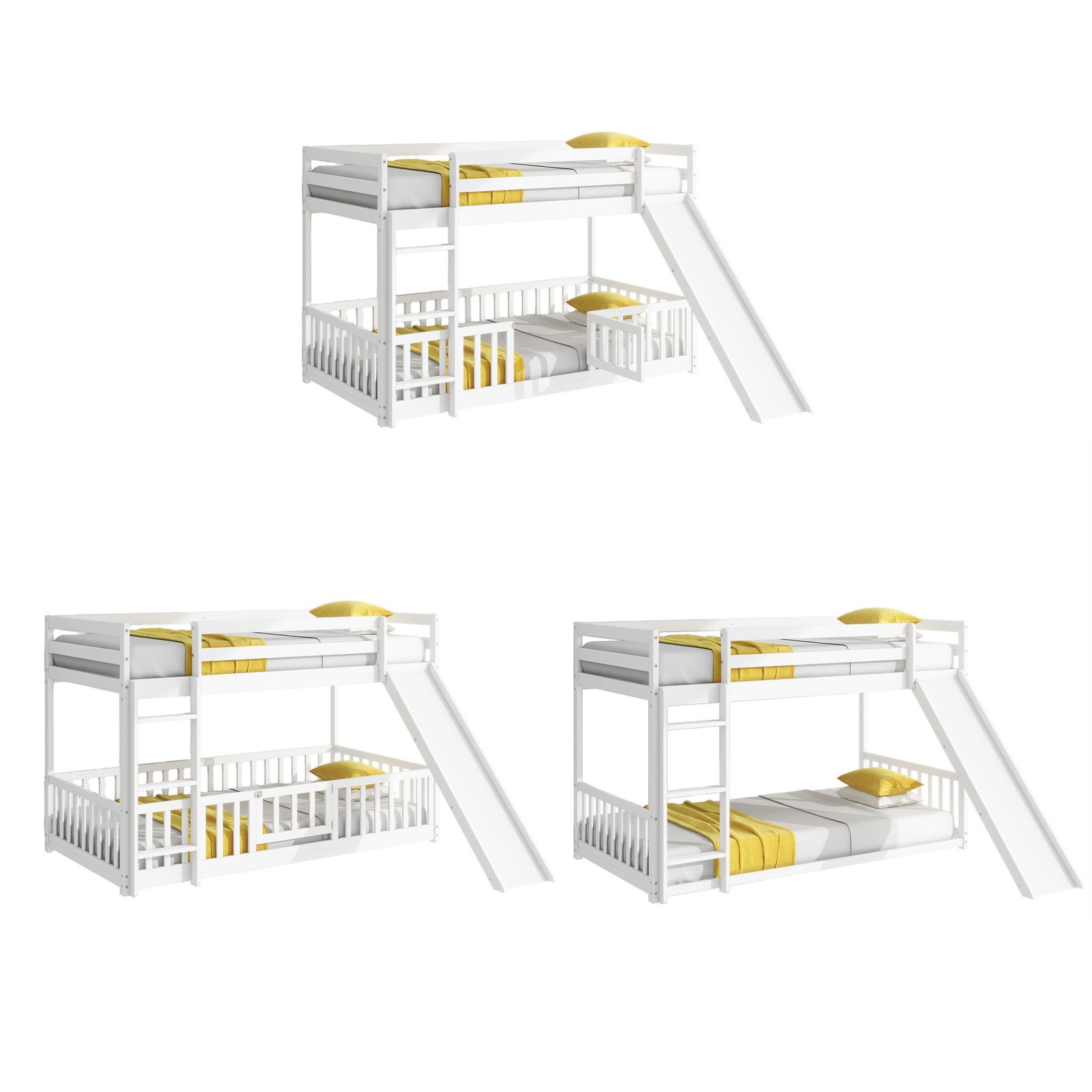 Noble House Twin Over Twin Floor Bunk Bed, Solid Pine Wood Frame with Slide, Convertible Ladder & Guardrails, White