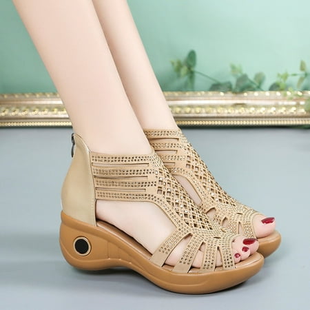 

FZM Women shoes Women s Summer Solid Color Rhinestones Non Slip Zipper Wedges Beach Open Toe Breathable Sandals Shoes