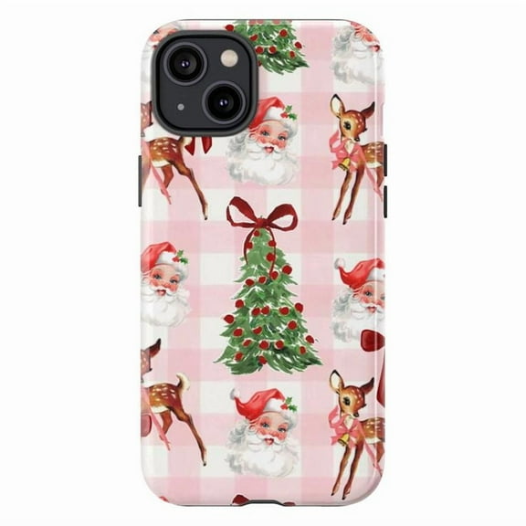 Retro Pink Gingham Christmas Phone Case, Vintage Santa Reindeer Holiday Cover for iPhone 17 16 15 14 13 12 11 Pro Plus Mini