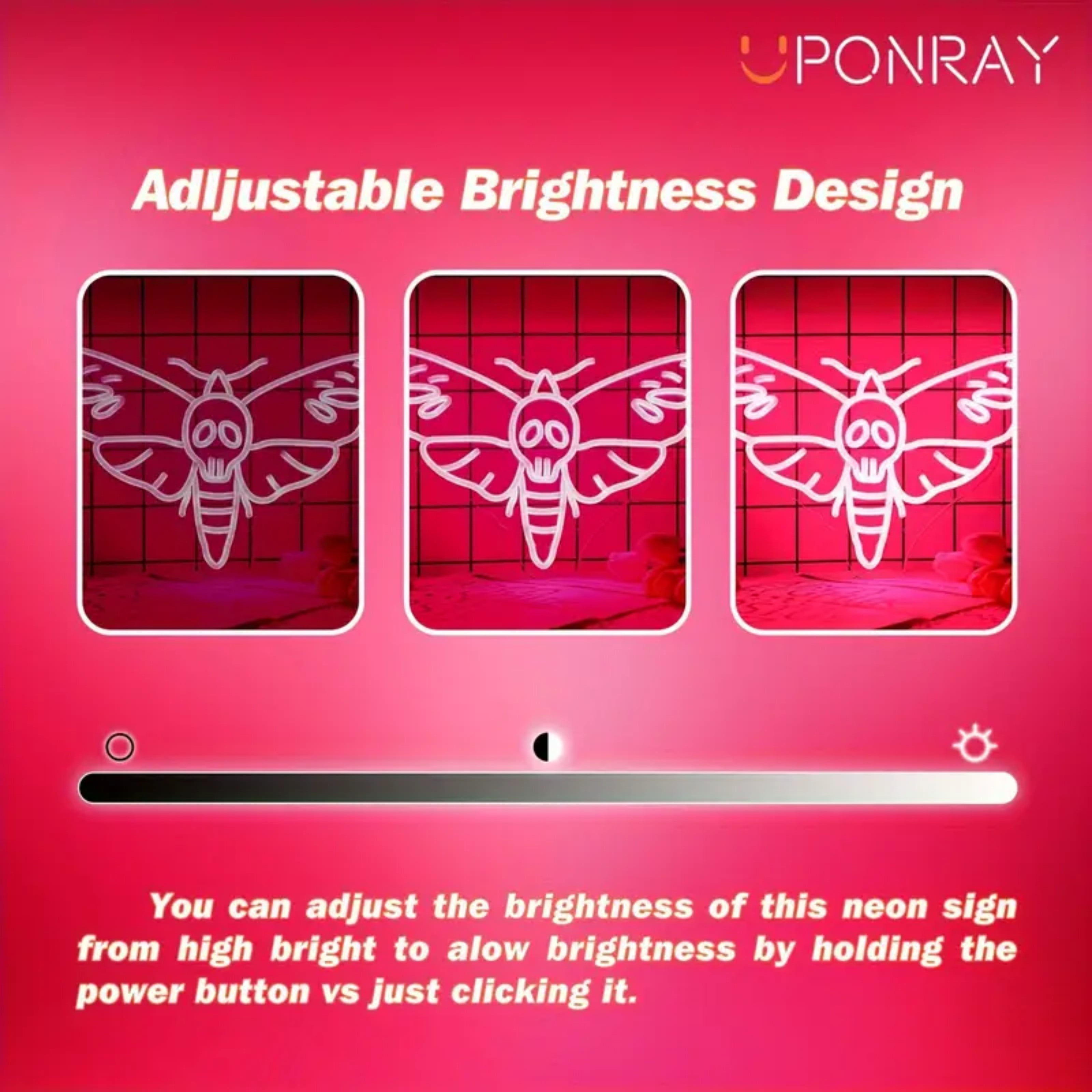 UPONRAY Death Moth Neon Signs, 16.9"*11.1" Dimmable & USB-Powered LED Neon Light, Stylish Wall Decor for Halloween Party, Home, Bar, Shop, Haunted House