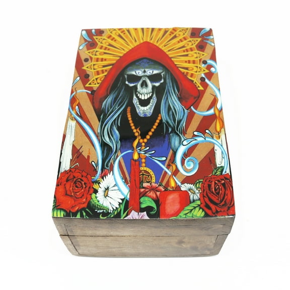 Soul Sticks Santa Muerte Brown Wooden 6" x 4" Boxes For Jewelry, Memory, Sage, Storage or Incense Box