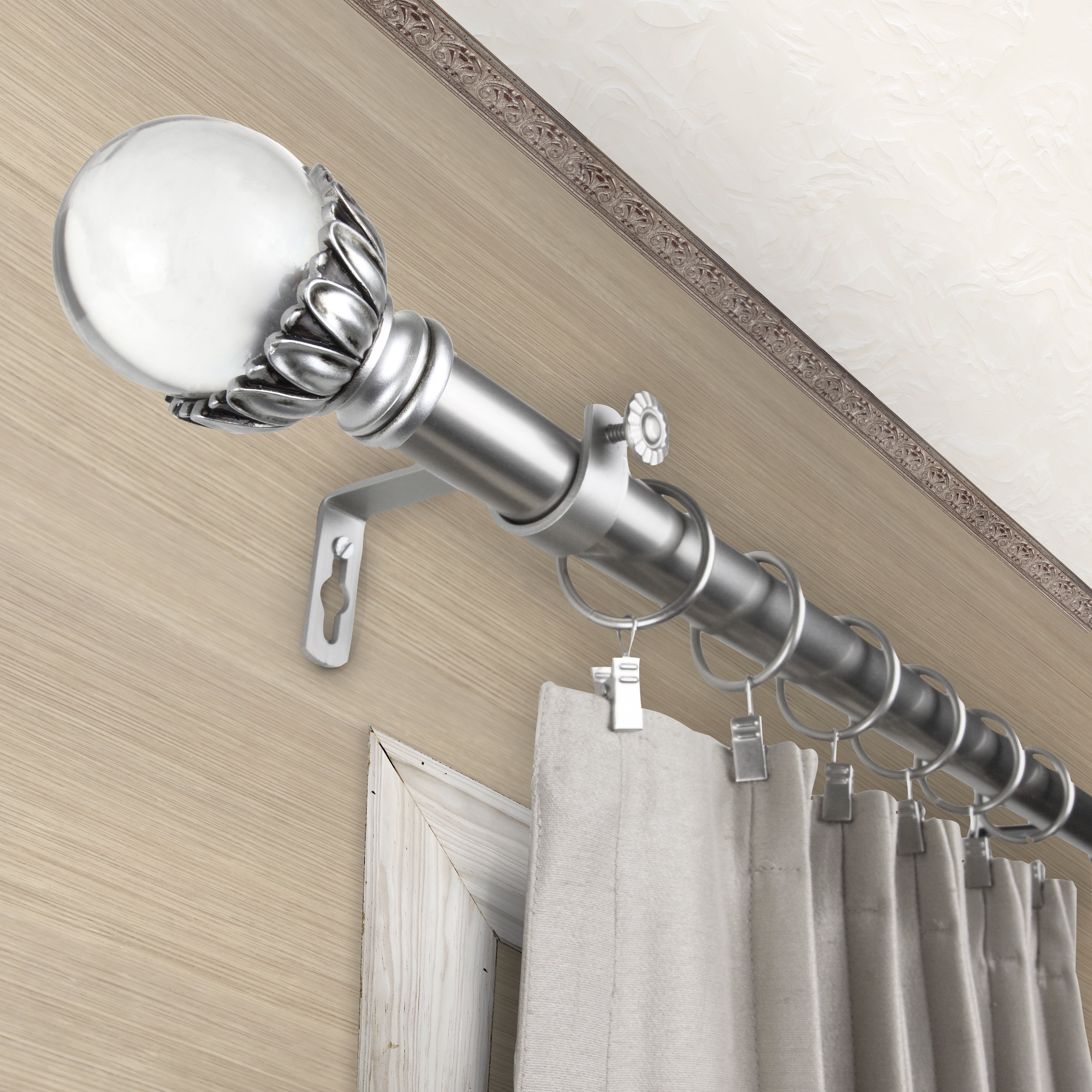 PlusCasa Classic 1" Satin Nickel Ball Adjustable Single Curtain Rods Set 48" - 84"