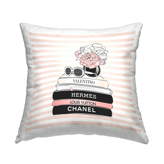 Stupell Industries Pink Striped Fashion Bookstack Decorative Printed Throw Pillow, 18 x 18