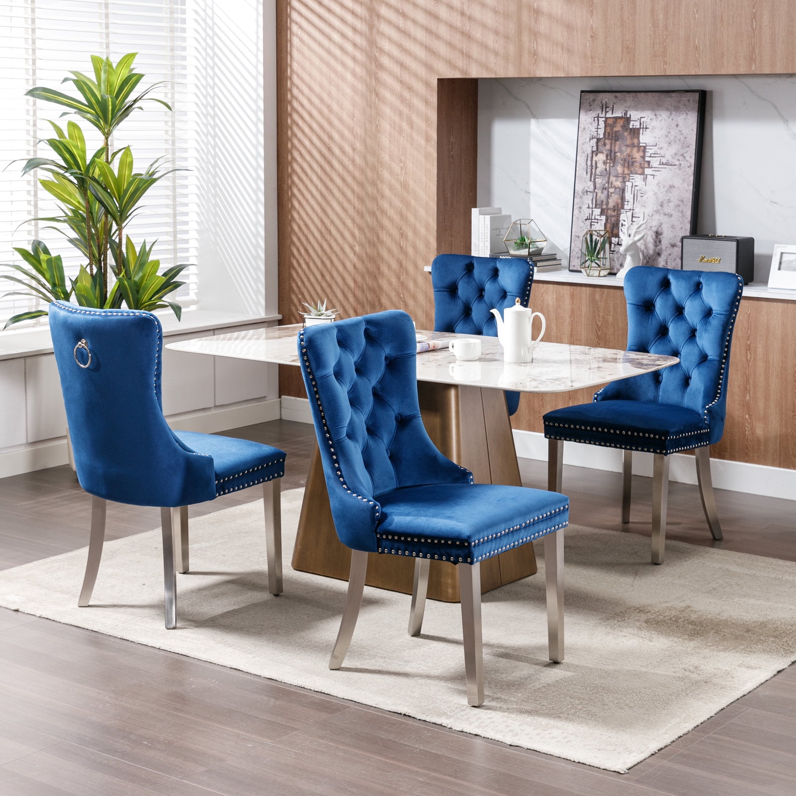 LegaHome Dining Chairs Set of 2, Modern Upholstered Velvet Dining Room Chairs with Nailhead Trim and Chrome Stainless Steel Plating Solid Wood Legs, Tufted Button Padded Chairs Set for Kitchen, Blue