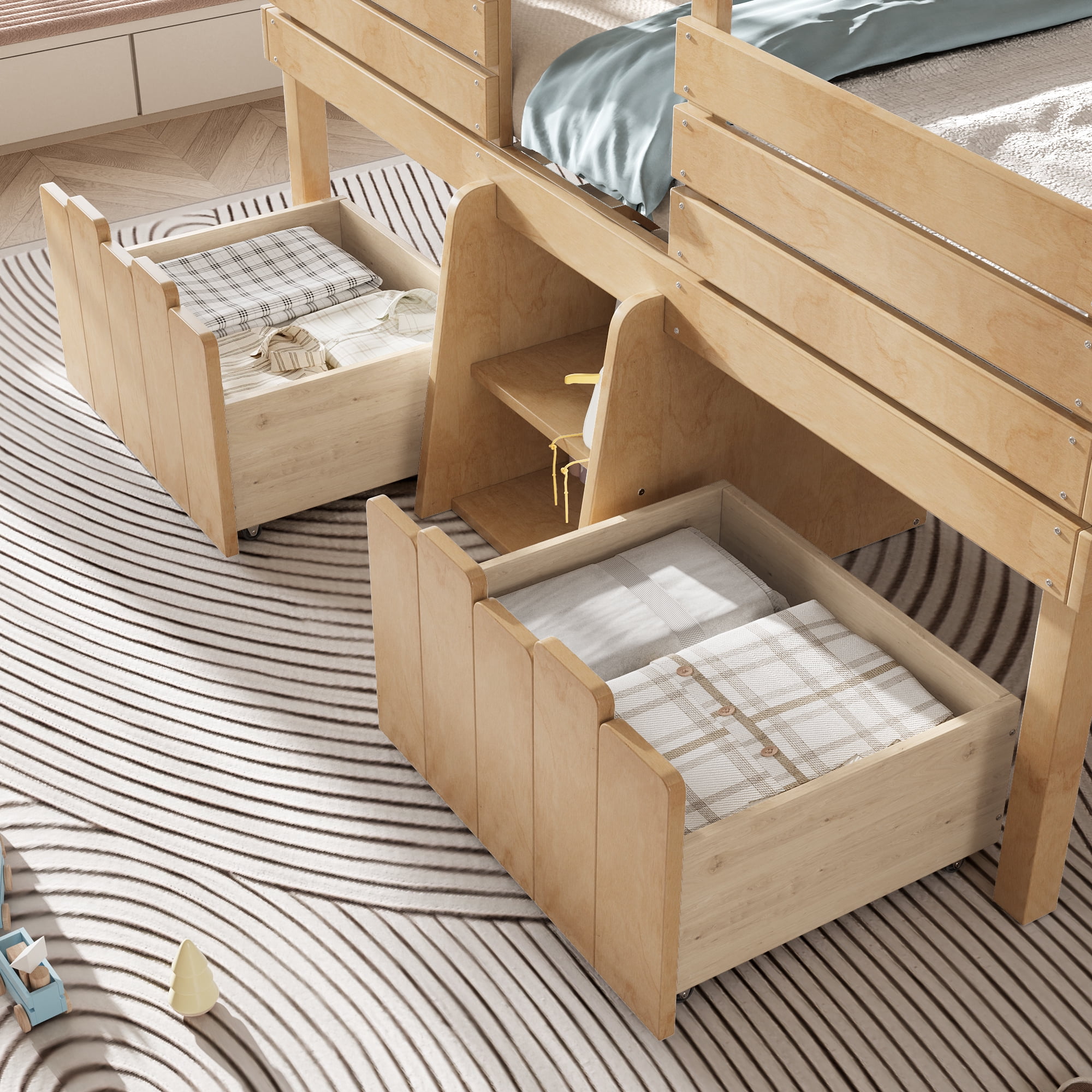 HOQBN House Loft Bed Full Size,Low Loft Bed with Stairs and 2 Big Storage Drawers,Farmhouse Style Bed Frame with House Shaped Roof,Natural
