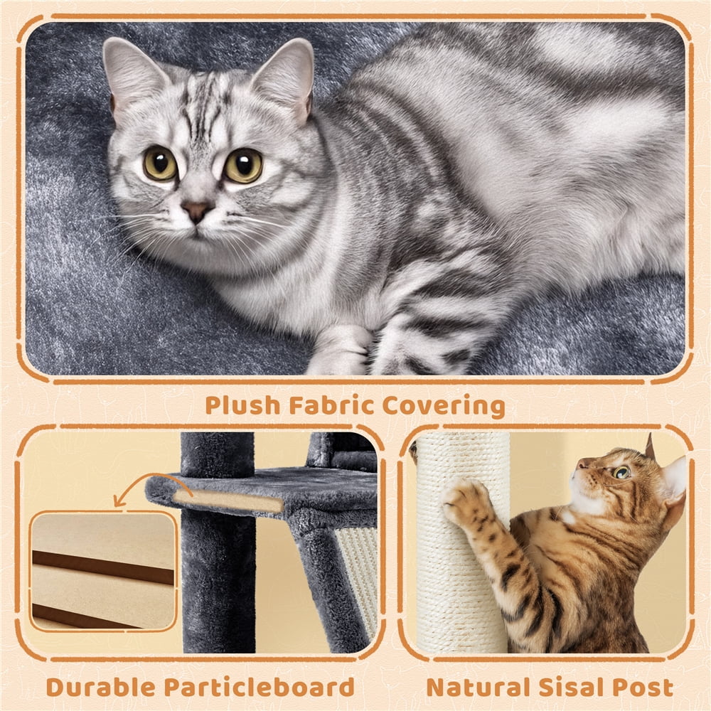 Yaheetech 57.4''H Cat Tree Tower Cat House with 2 Condos, Scratching Posts, Ramp, Dark Gray