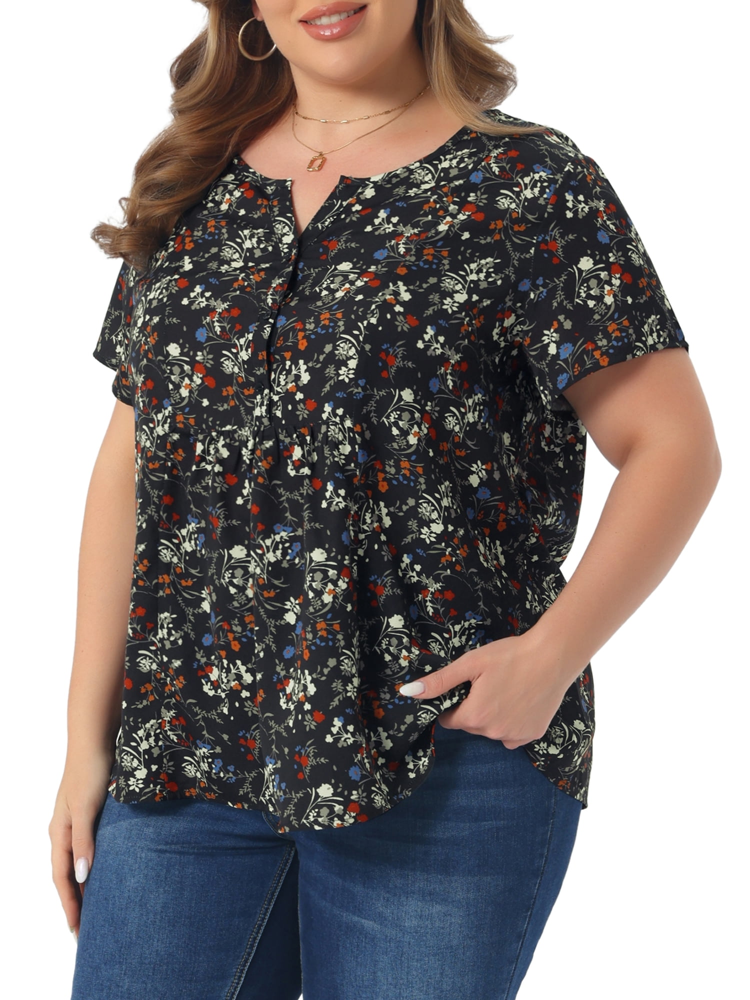 DARING DIVA Women's Plus Size Floral Half Placket Short Sleeve Blouses 2X Black White