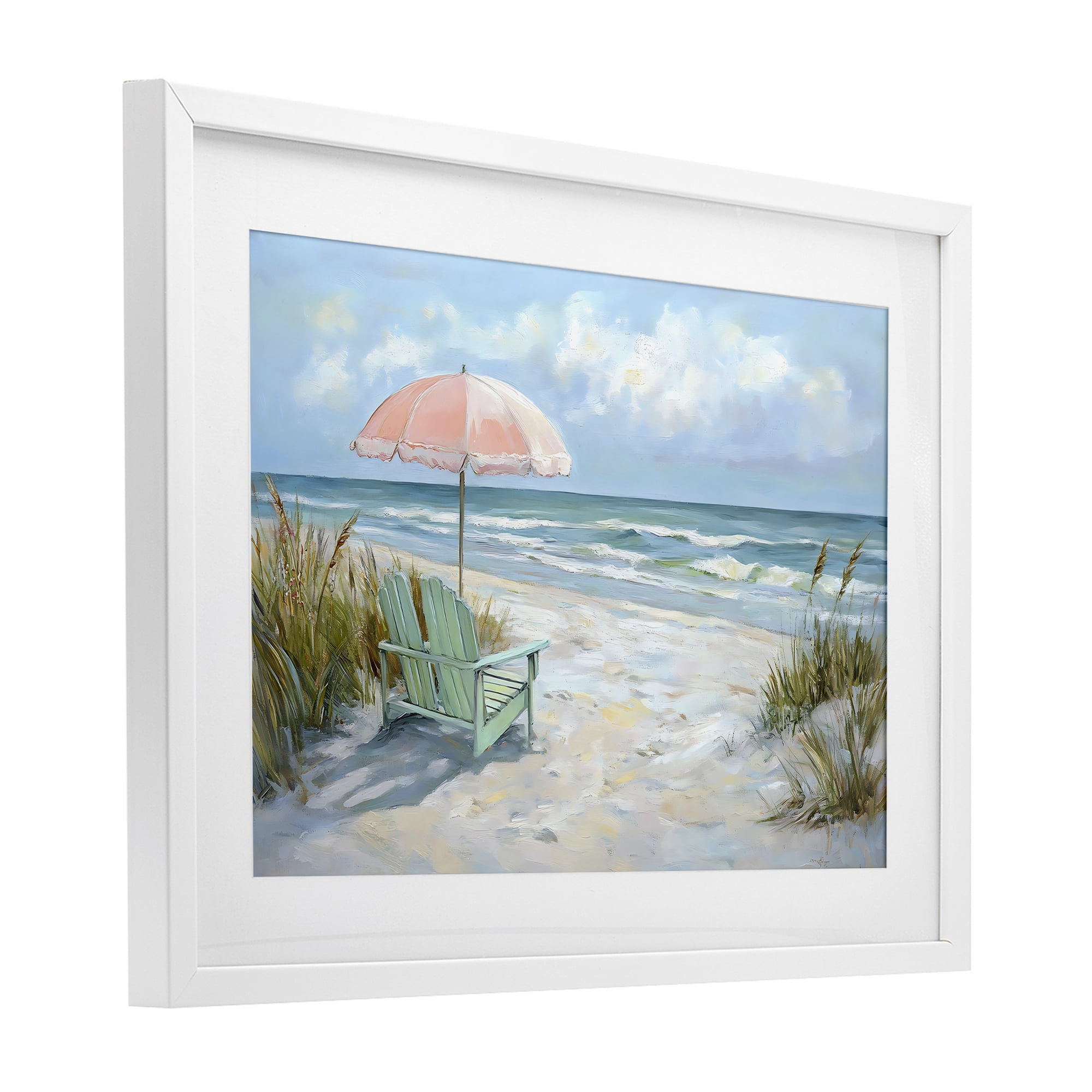 Stupell Industries Seaside Chair & Pink Umbrella White Framed Print Under Glass, design by Creative Studio