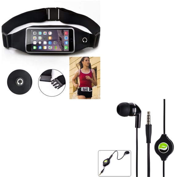 Black Sports Running Workout Waist Bag Belt Case w Retractable Headset MONO Hands-free Earphone Mic R4K for Nokia 6, 8, 2 V - OnePlus One, 5, 5T, 6, OnePlus 2 - Samsung Galaxy Sol Sky S9  S9