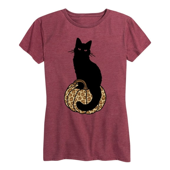 Instant Message - Black Cat On Leopard Pumpkin - Women And Plus Size Short Sleeve Graphic T-Shirt