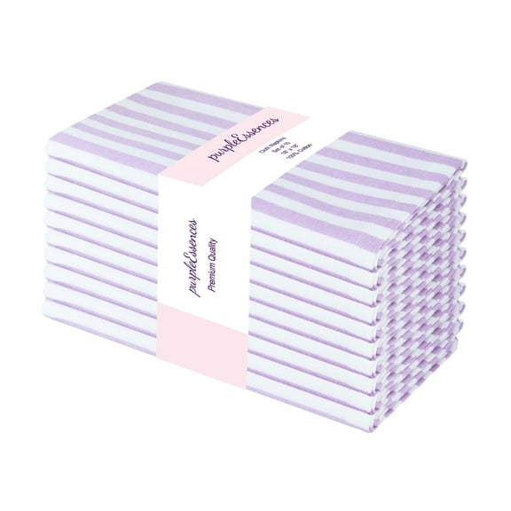 PurpleEssences Stripe Cloth Napkins Set of 10 (18x18 inches) - Lavender and White