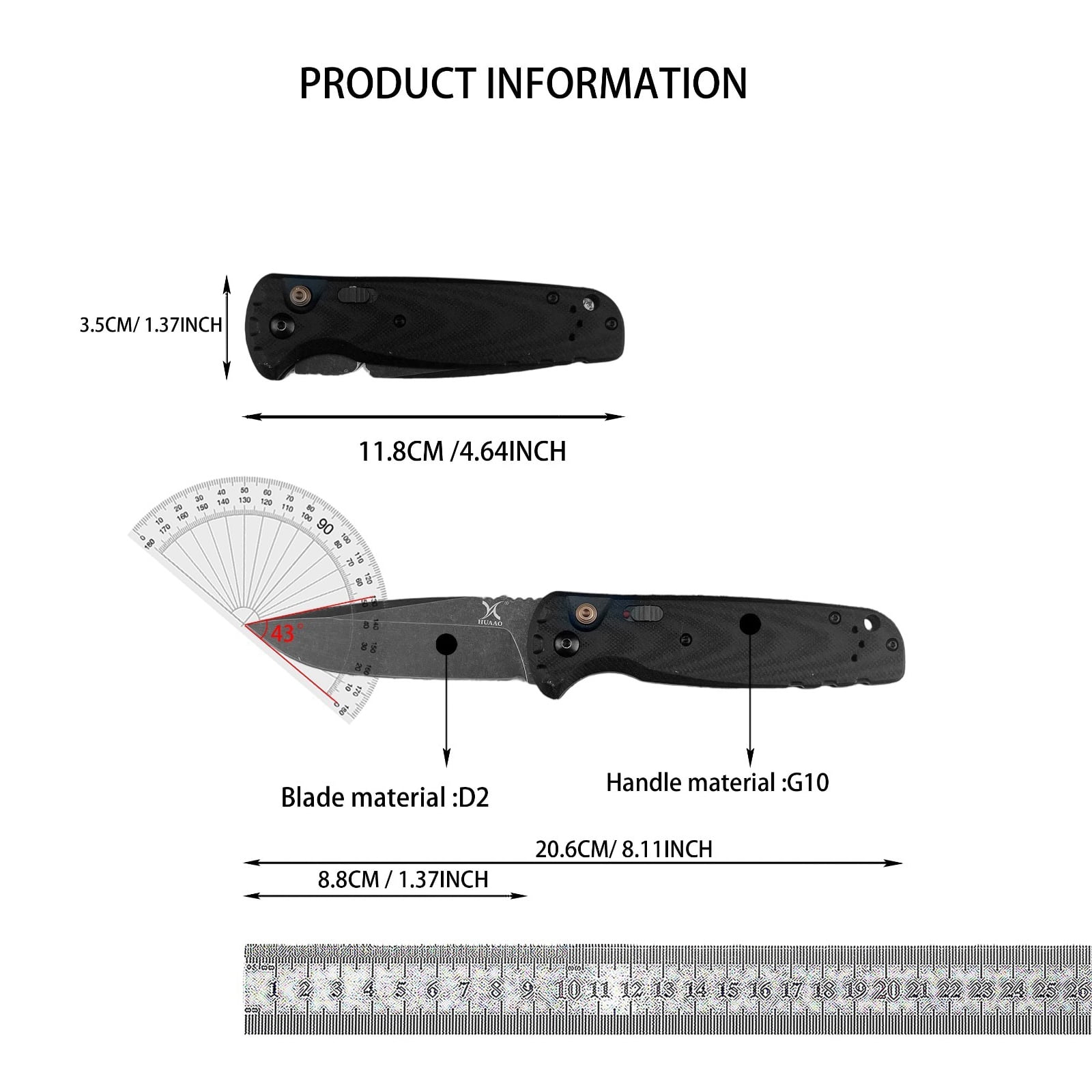 HUAAO D2 Steel Folding Pocket Knife with G10 Handle, 3.5'' Blade, EDC Utility Tool