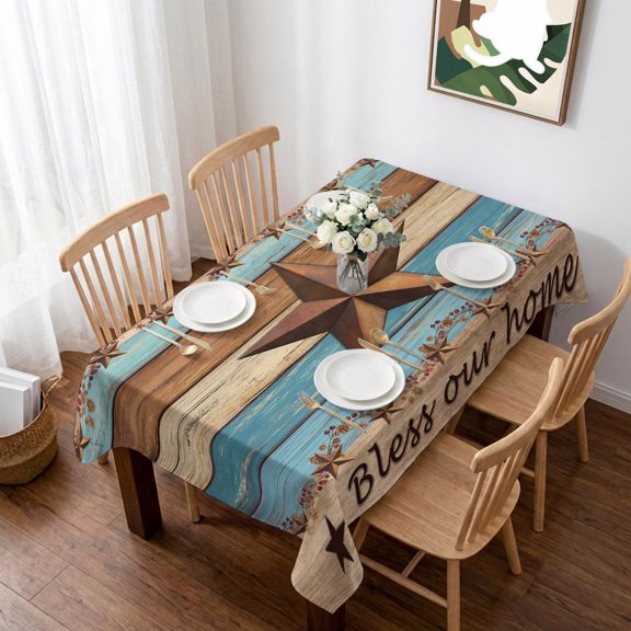 Western Texas Star Retro Table Cloth Waterproof Tablecloths, Country Farmhouse Light Blue Brown Wooden Tablecloth Dining Table Cover for Kitchen Party Outdoor, Rectangle Tablecloth 52x70 Inch