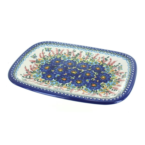 Blue Rose Polish Pottery Garden of Blue Large Rectangular Serving Platter