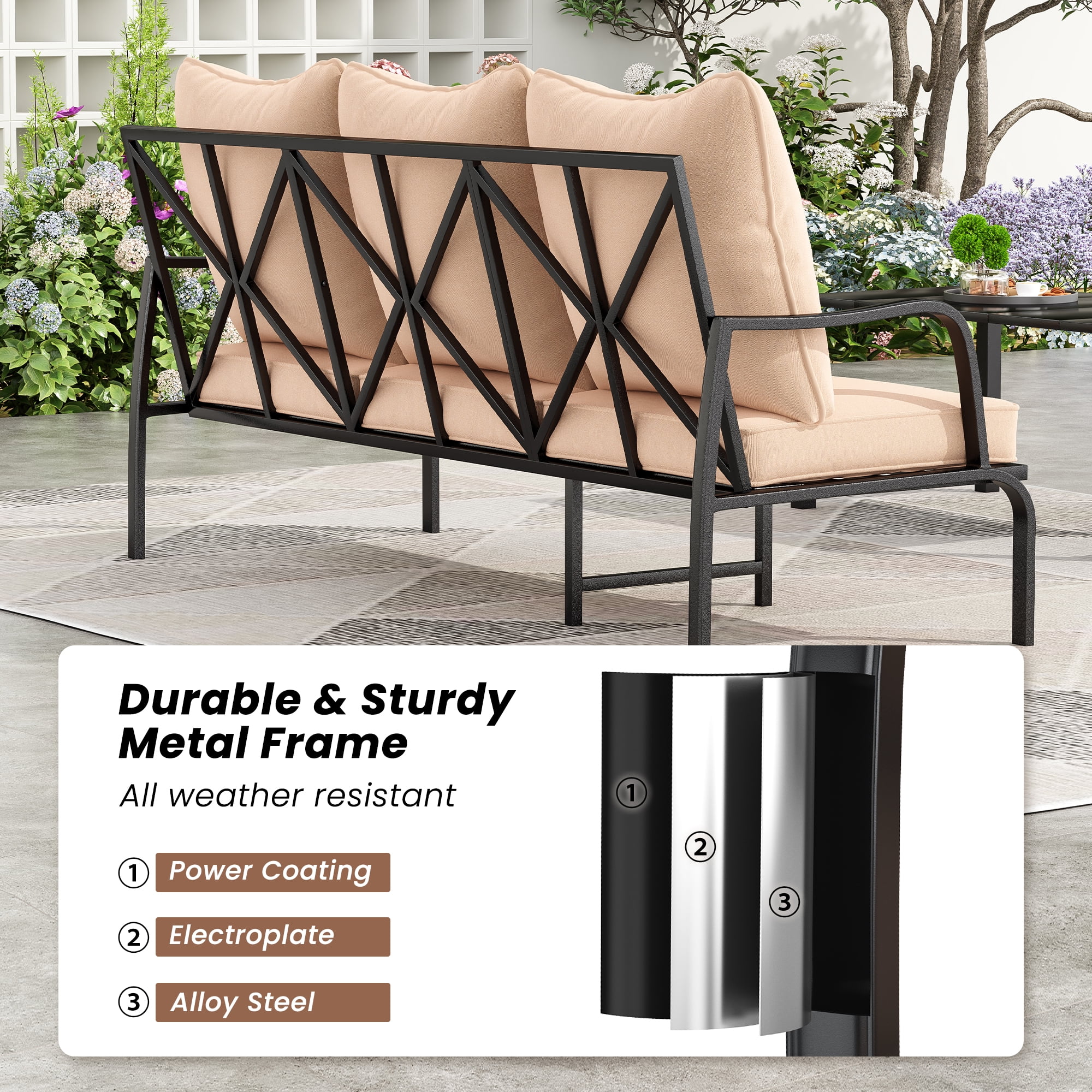 MAYEERTY 6-Piece Metal Frame Outdoor Patio Set with Swivel Chairs, Three-Seater Sofa, and Coffee Table