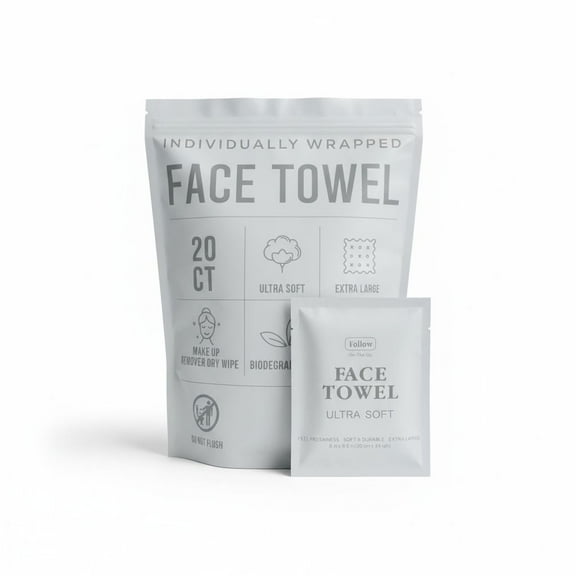 Follow Wipes Ultra Soft Face Towels, 8" x 9.5", 20 Count, Individually Wrapped, Chemical-Free, Disposable Face Towels, Makeup Remover Dry Towels