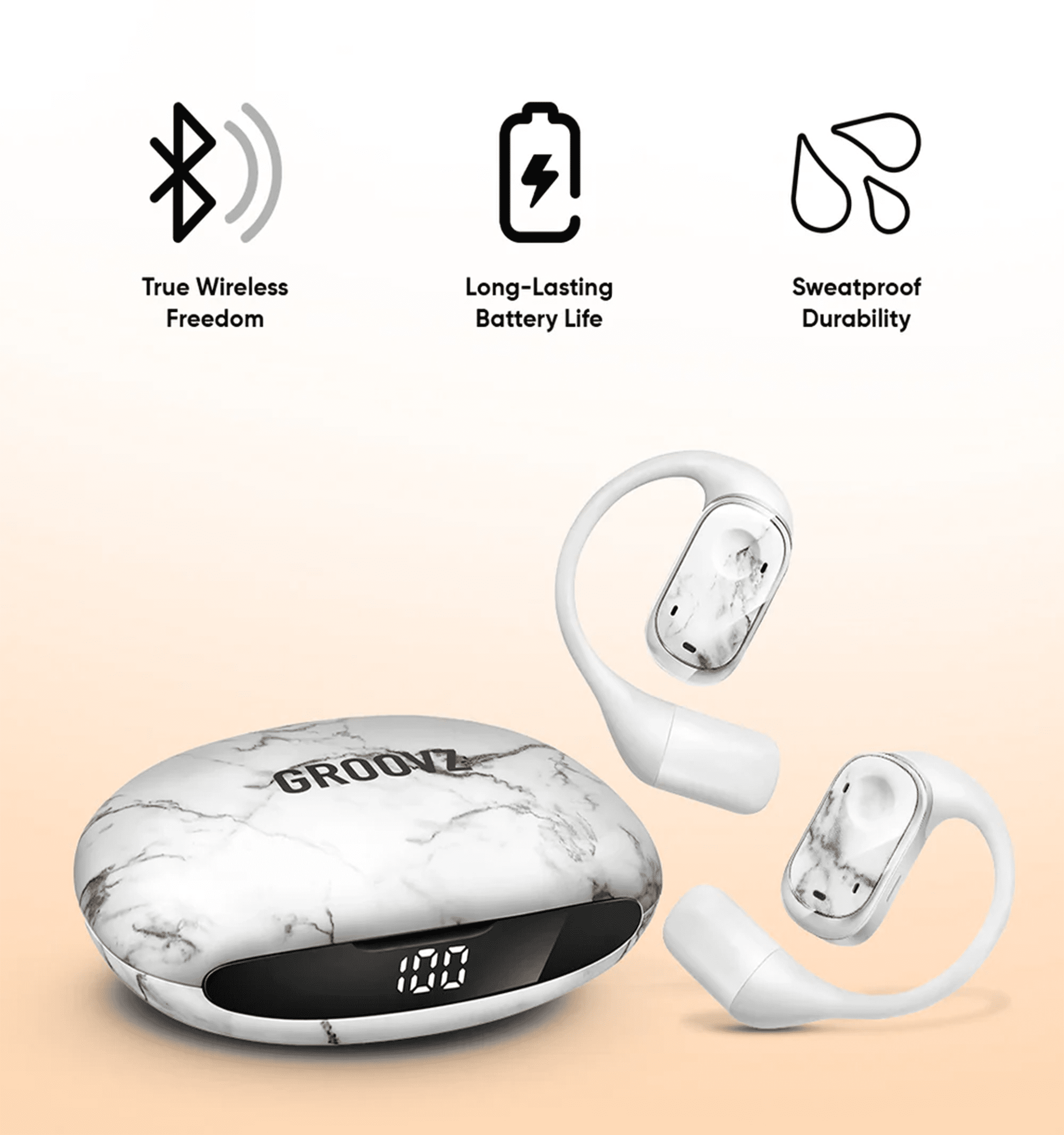 GROOVZ Open-Ear True Wireless Headphones with Charging Case - WHITE MARBLE