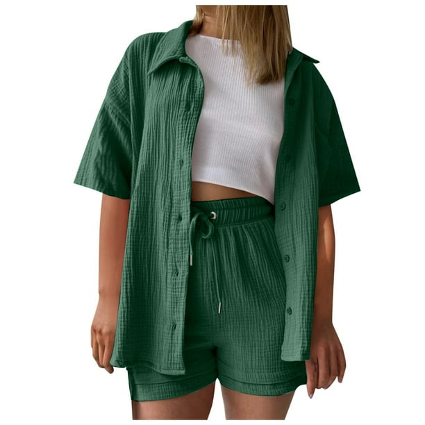 Conjunto de 2 piezas para mujer con camiseta de manga corta lisa y pantalones cortos: conjunto informal para el verano, tejido fácil de cuidar