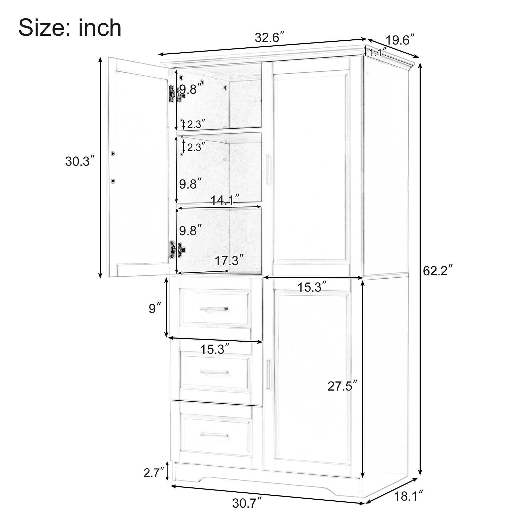 MAYEERTY Tall Wide Storage Cabinet with Doors, 3 Drawers, Bathroom Office Use, Black