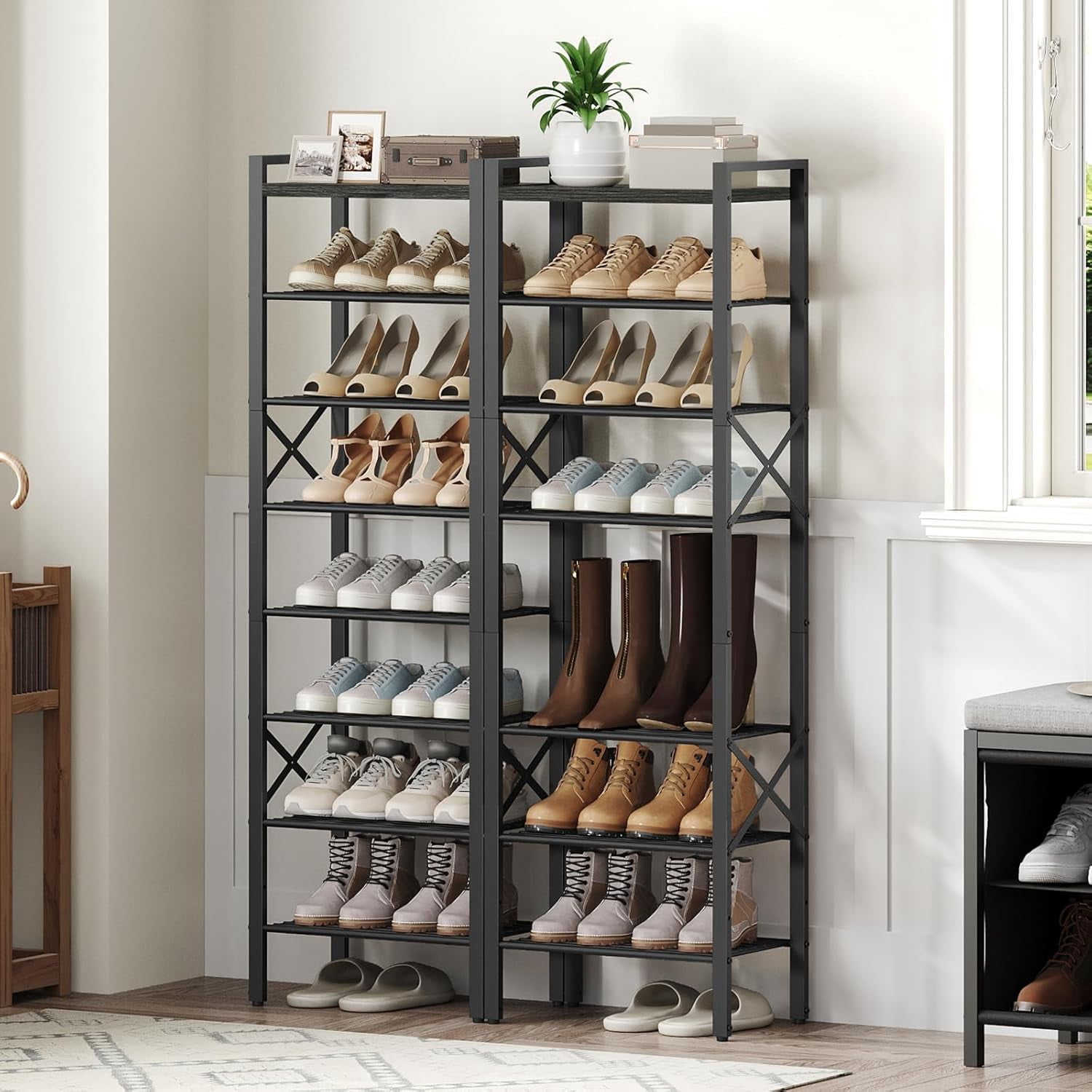 8-Tier Narrow Shoe Rack, Tall Shoe Rack for 8-16 Pairs, Slim Shoe Storage Organizer with Wooden Top, Space Saving, Metal Frame, for Entryway
