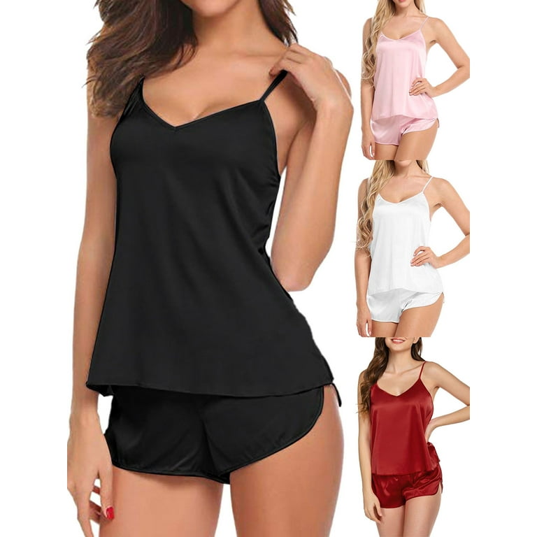 Spencer 2Pcs Women's Sexy Lingerie Sleepwear Set V Neck Silk Satin Pajamas  Cami Shorts Set Nightwear (S, Black)