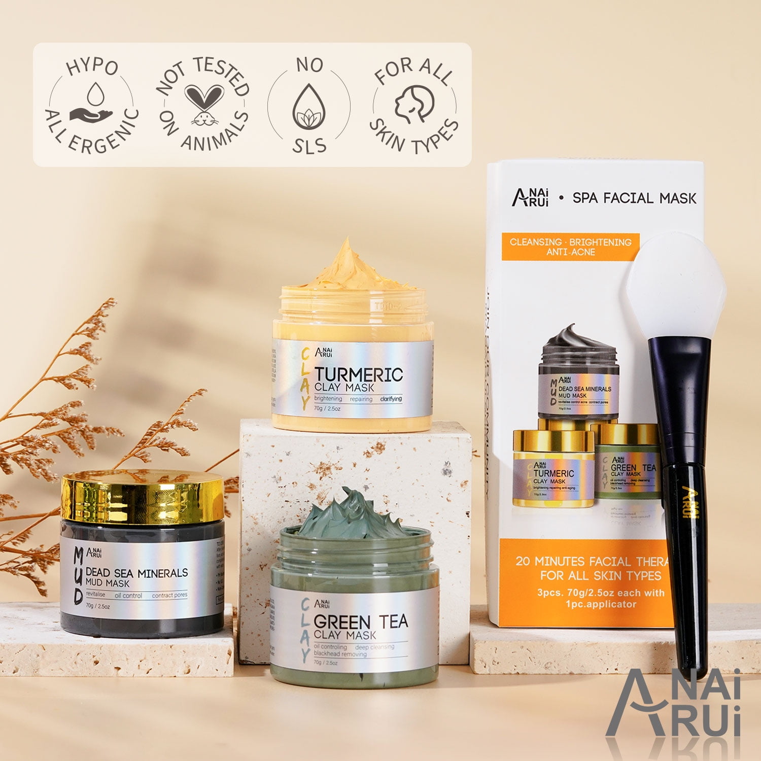 ANAiRUi Turmeric, Green Tea & Dead Sea Minerals Mud Mask Set, Spa Facial Care Gift, 2.5 oz Each