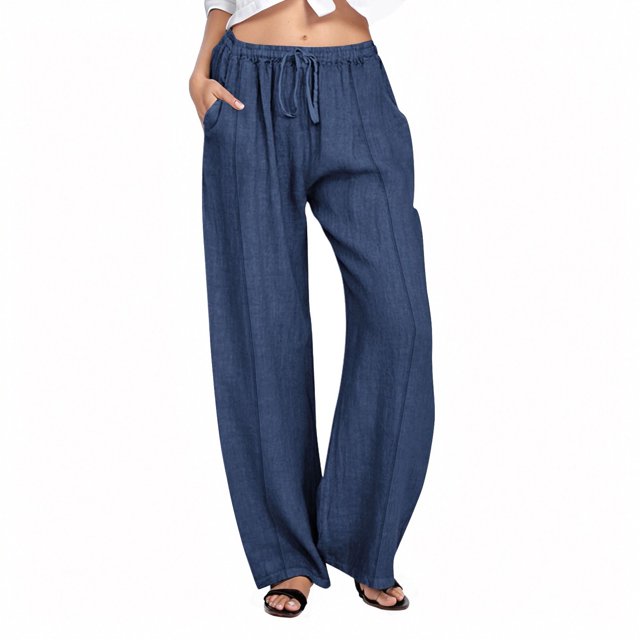 Women's Linen Wide Leg Drawstring Pants - Polyester Material - High Waist with Pockets