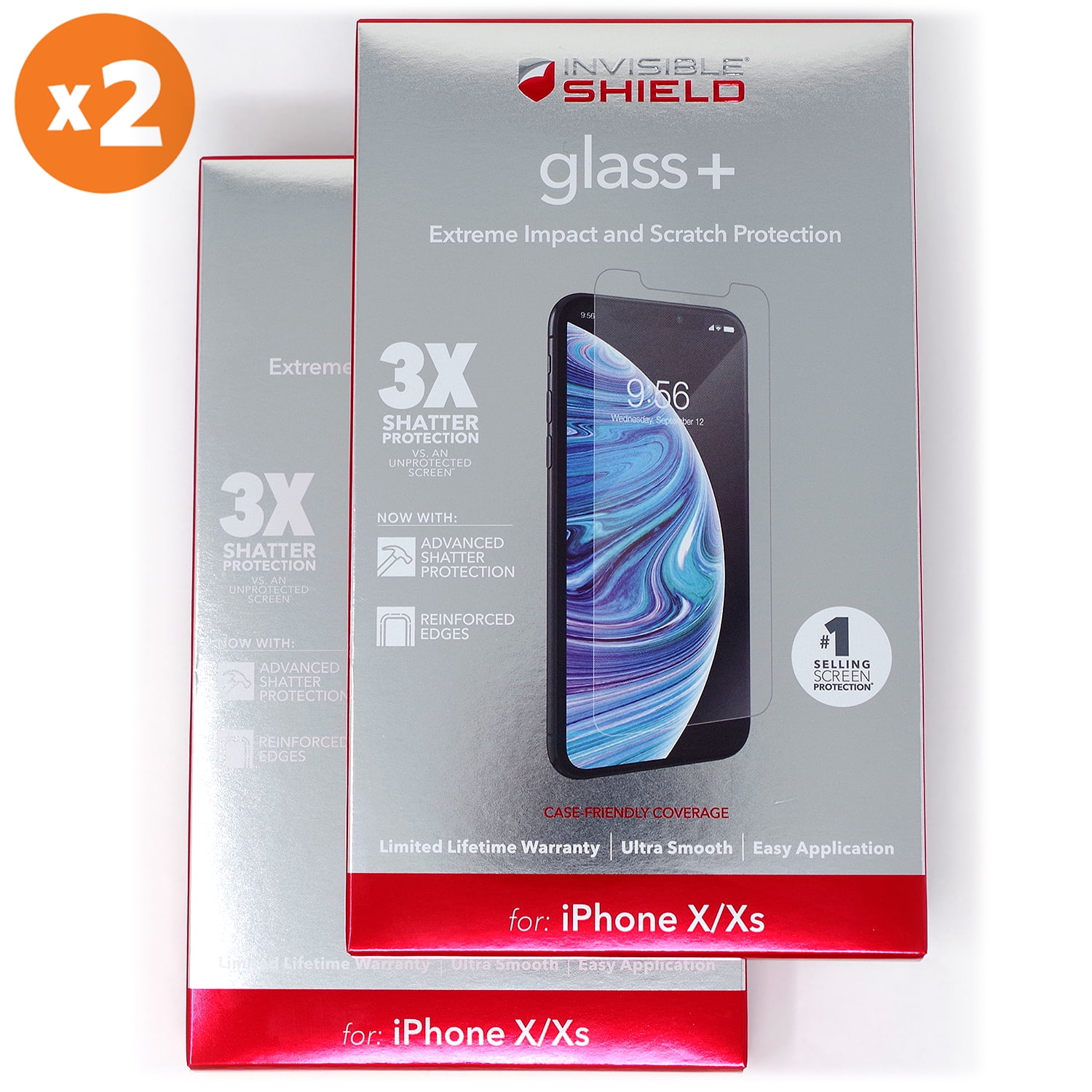 2Pack ZAGG Glass+ Tempered Screen Protector for iPhone X, iPhone Xs