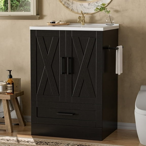 Lumihaven 24" Bathroom Vanity with Resin Sink, Freestanding Wood Vanity Cabinet with 2 Doors & 1 Drawer, Undermount Sink Storage Cabinet, Black
