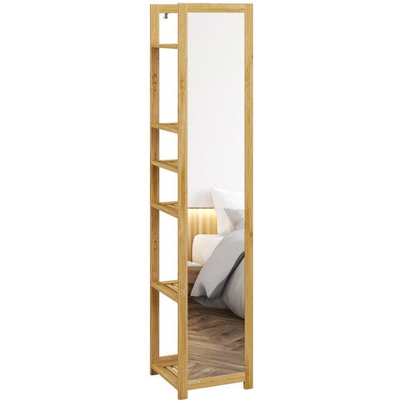 HOMCOM 66" x 14" Full Length Mirror with Shelf Bamboo Frame Nature Wood