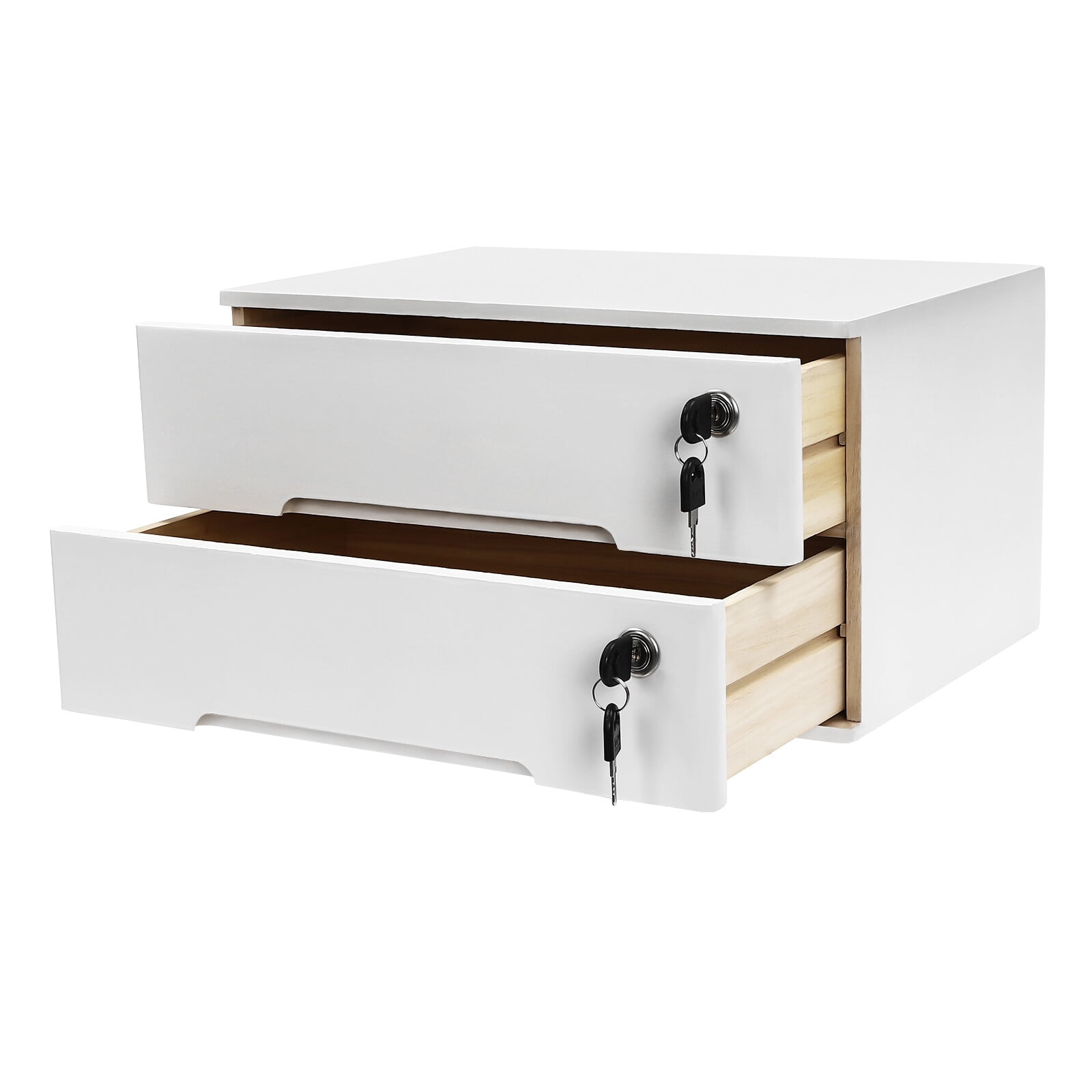 White Wooden Desktop Storage Box with Lockable Drawers, Office Supplies File Organizer, Flat File Cabinet