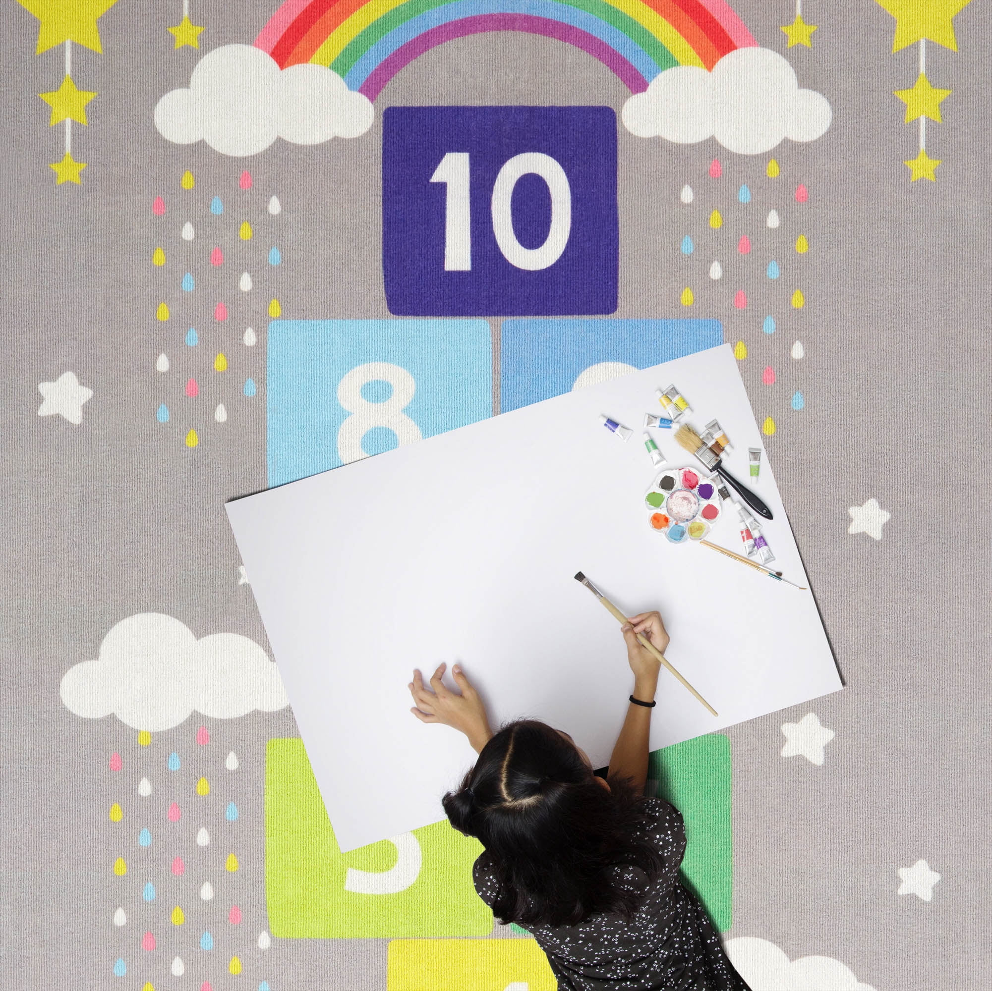 Everwash™ Imagine Hopscotch Rainbow Kids Machine Washable Area Rug, Grey/Blue, 6'x9'