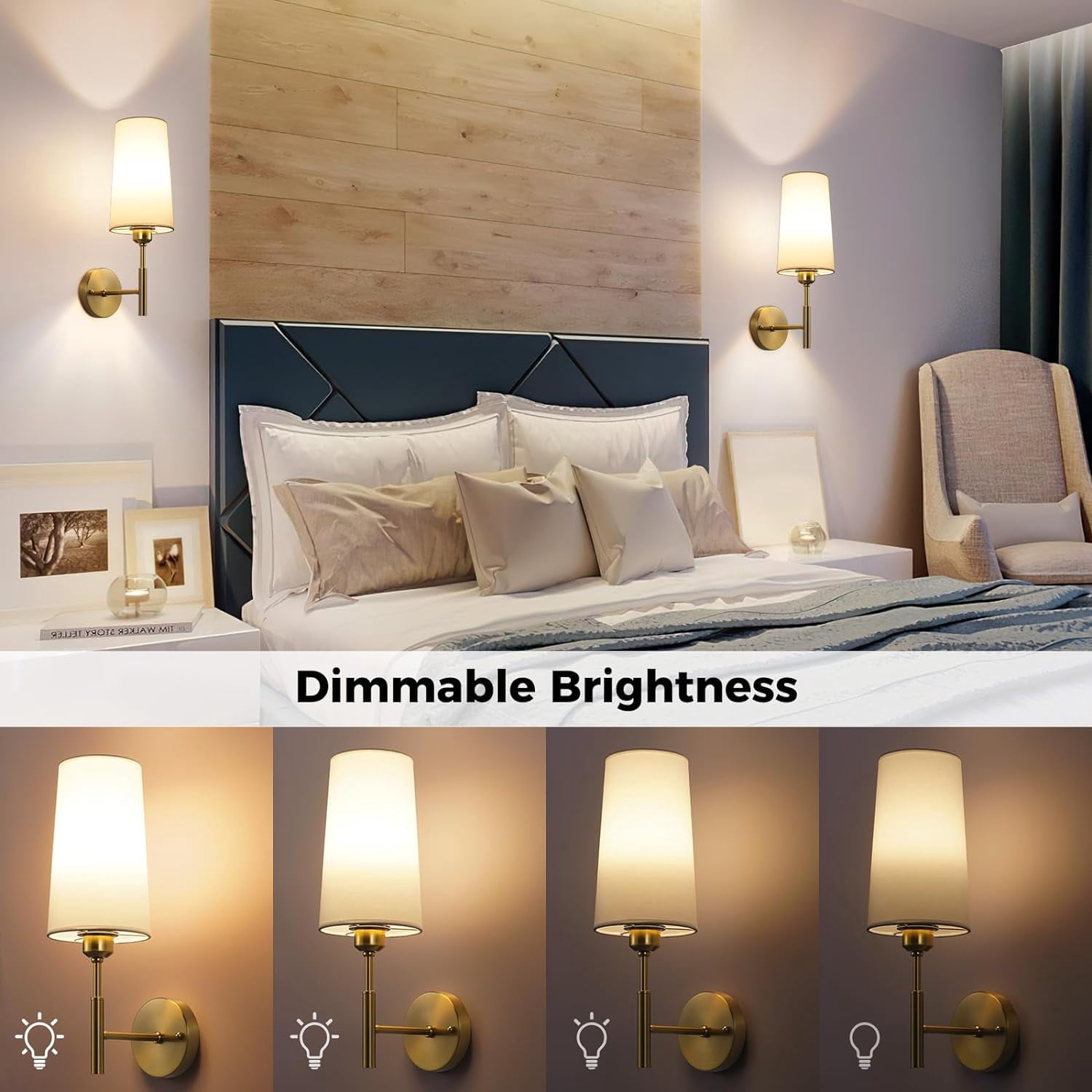 Battery Operated Wall Sconces Set of Two, Wireless, Rechargeable No Wiring Wall Lamp/Light for Bedroom, Gold