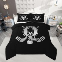 Homewish Personalized Initial Q Bedding Comforter Set for Kids Boys Girls, Ice Hockey Sport Twin Comforter Sets, Black and Gray Bedding Set, Luxury Bedroom Decor