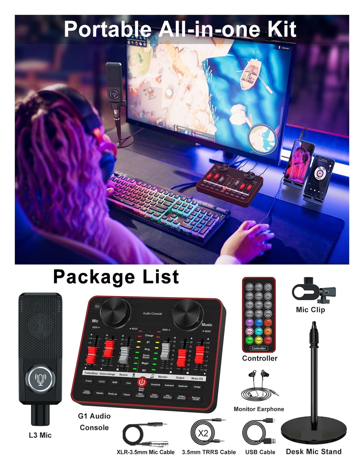 Sound Card G1 & L3 Condenser Microphone Set USB Sound Mixer Mic Audio Interface Sound Board For Phone Recording Live Streaming ,Easy to Operate