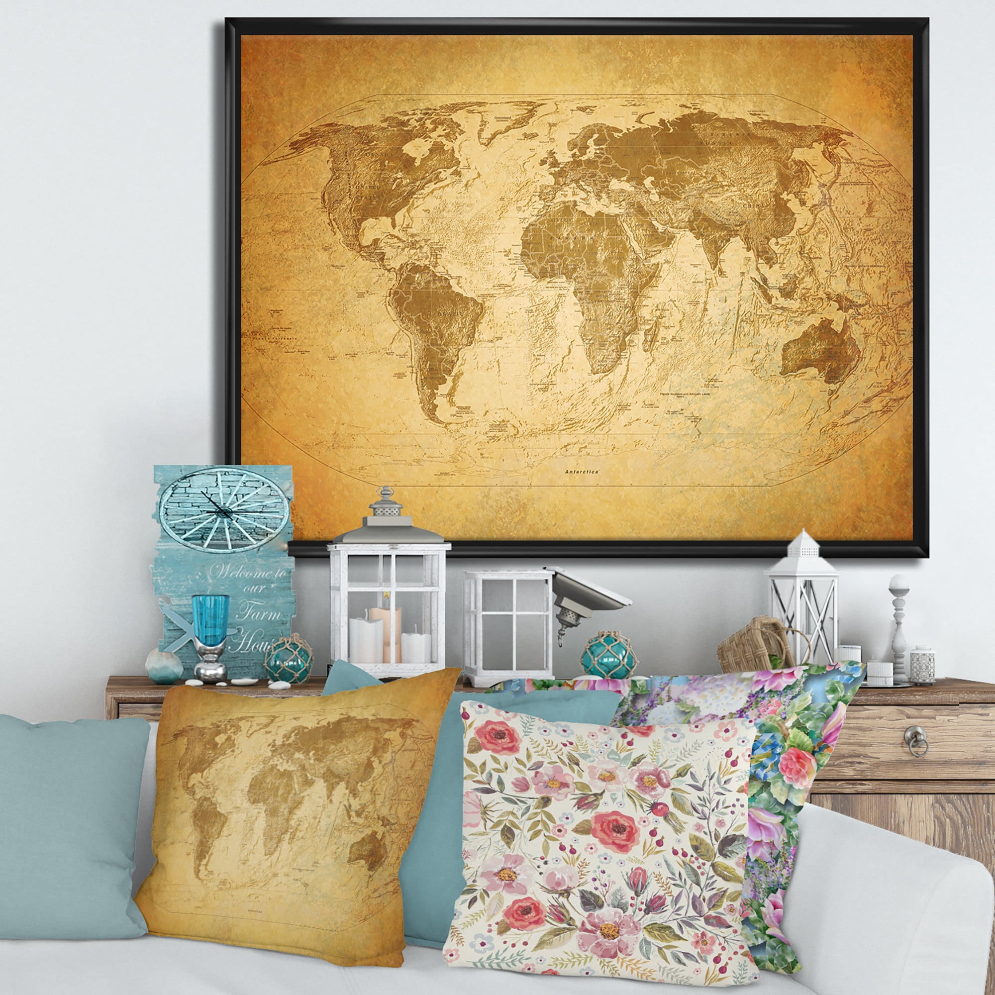 Designart 'Ancient World Map X' Vintage Framed Canvas Wall Art Print