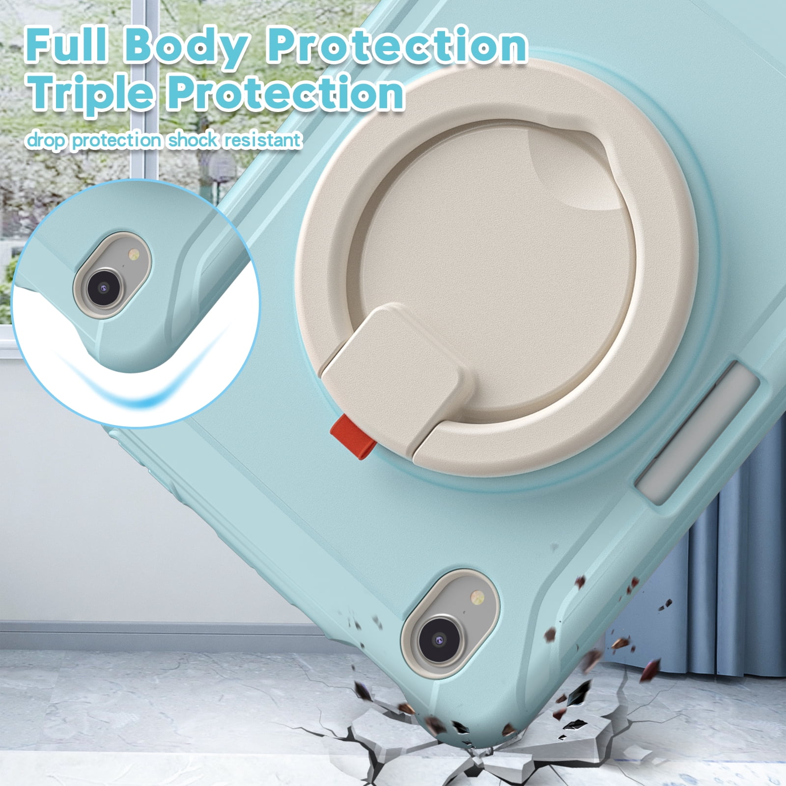 Rugged Case for 2021 Apple iPad Mini 8.3-Inch (6th Generation 2021 Release) - Rotating Stand Handle Case, Built-in Pencil Holder, Lightweight Shockproof Hard Silicone/Plastic Cover (Light Blue)