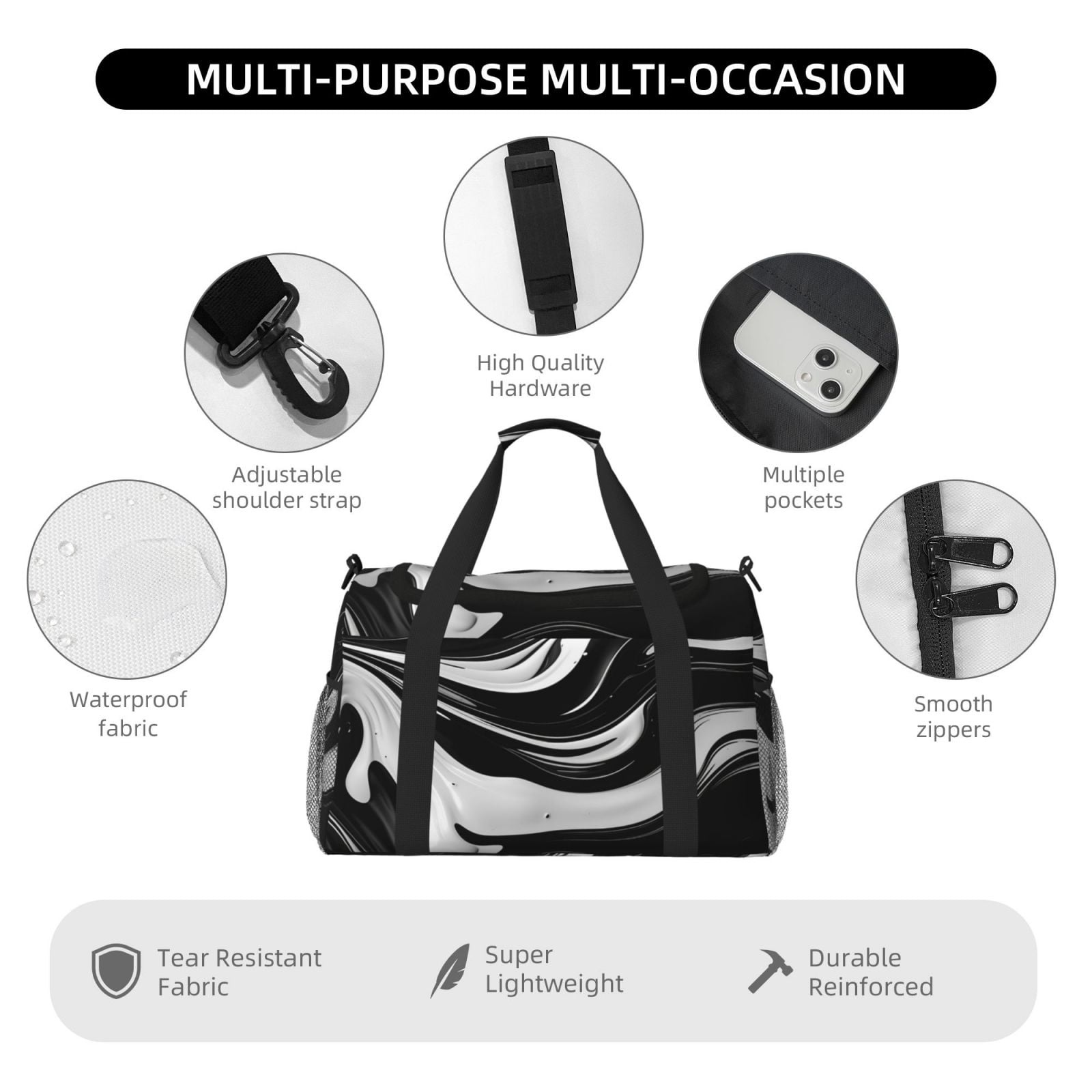Kuqiui Abstract Black White Swirls Print Foldable Travel Duffel Bag Tote Carry on Luggage Bag Personal item Sports Gym Bag Water Resistant Weekender Overnight Bags for Women and Men