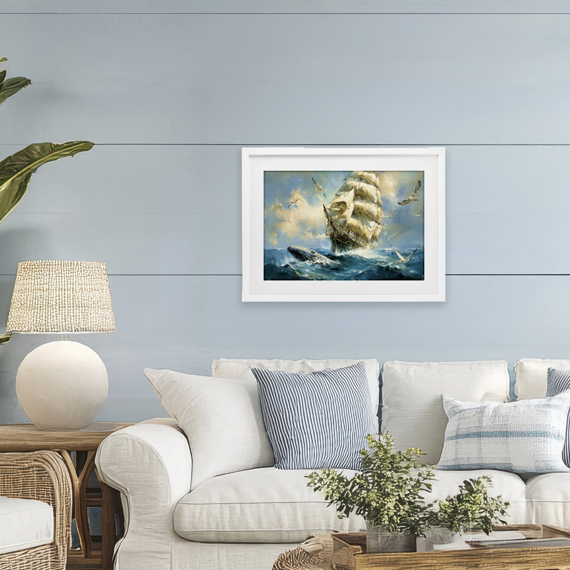 Stupell Industries Clipper Ship & The Whale White Framed Print Under Glass, design by Tina LeCour