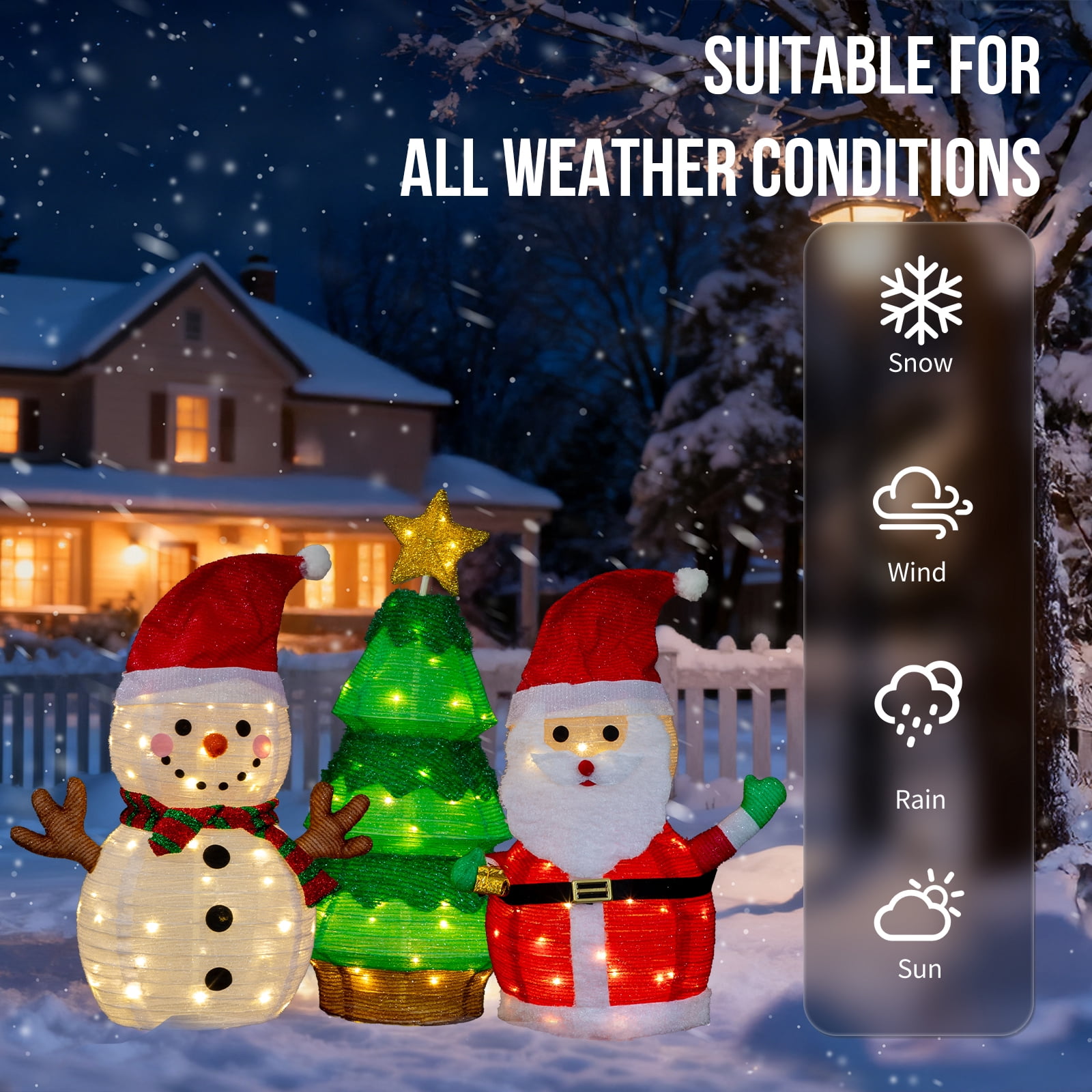 Astoutdoor Set of 3 Lighted Christmas Decorations, Santa, Snowman, and Tree, Pre-Lit with 150 Warm White LED Lights, Indoor Outdoor Holiday Display