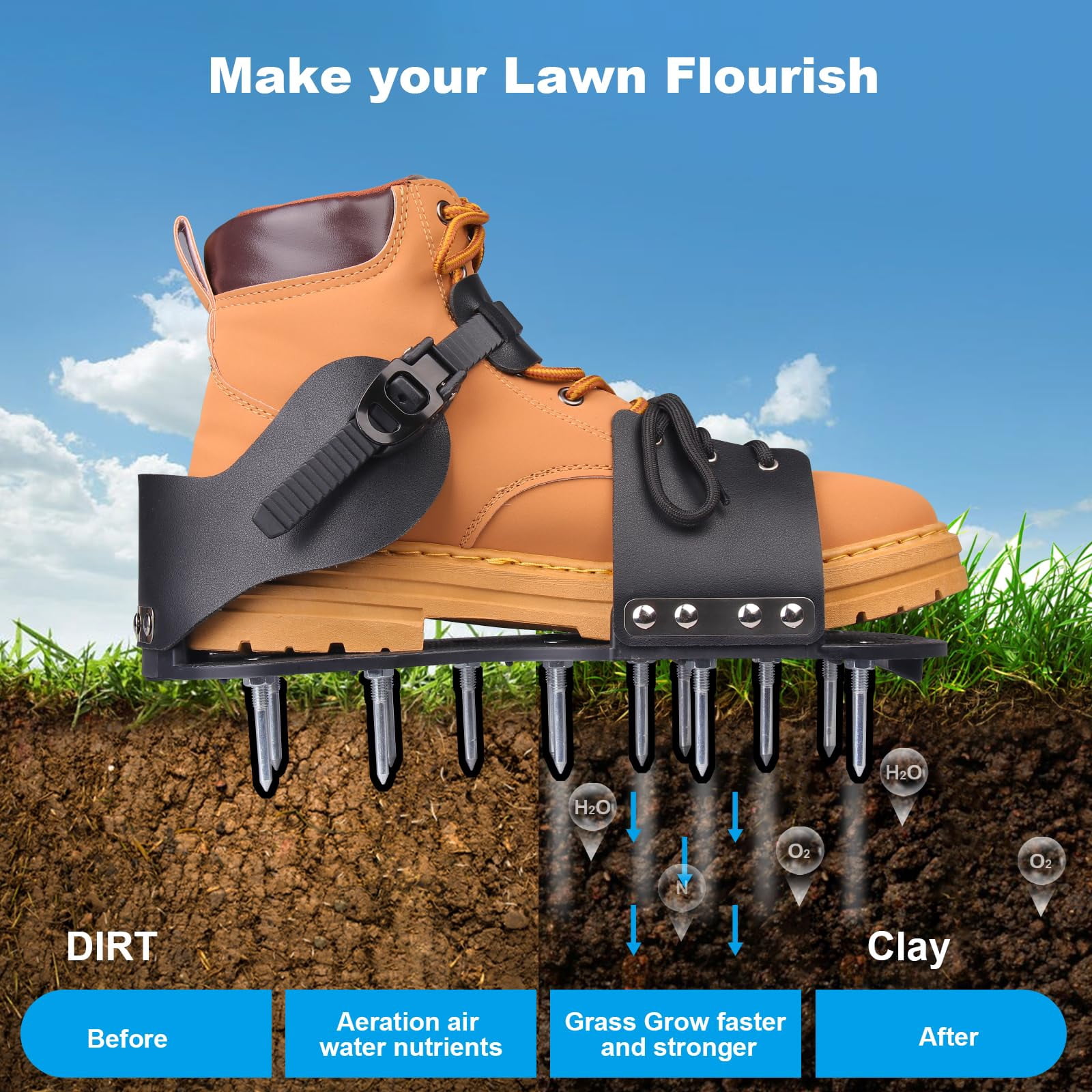 Lawn Aerator Shoes For Grass  With Adjustable Loop Strap 26 Stainless Steel Nails Aeration Soil Patios Gardens Lawns
