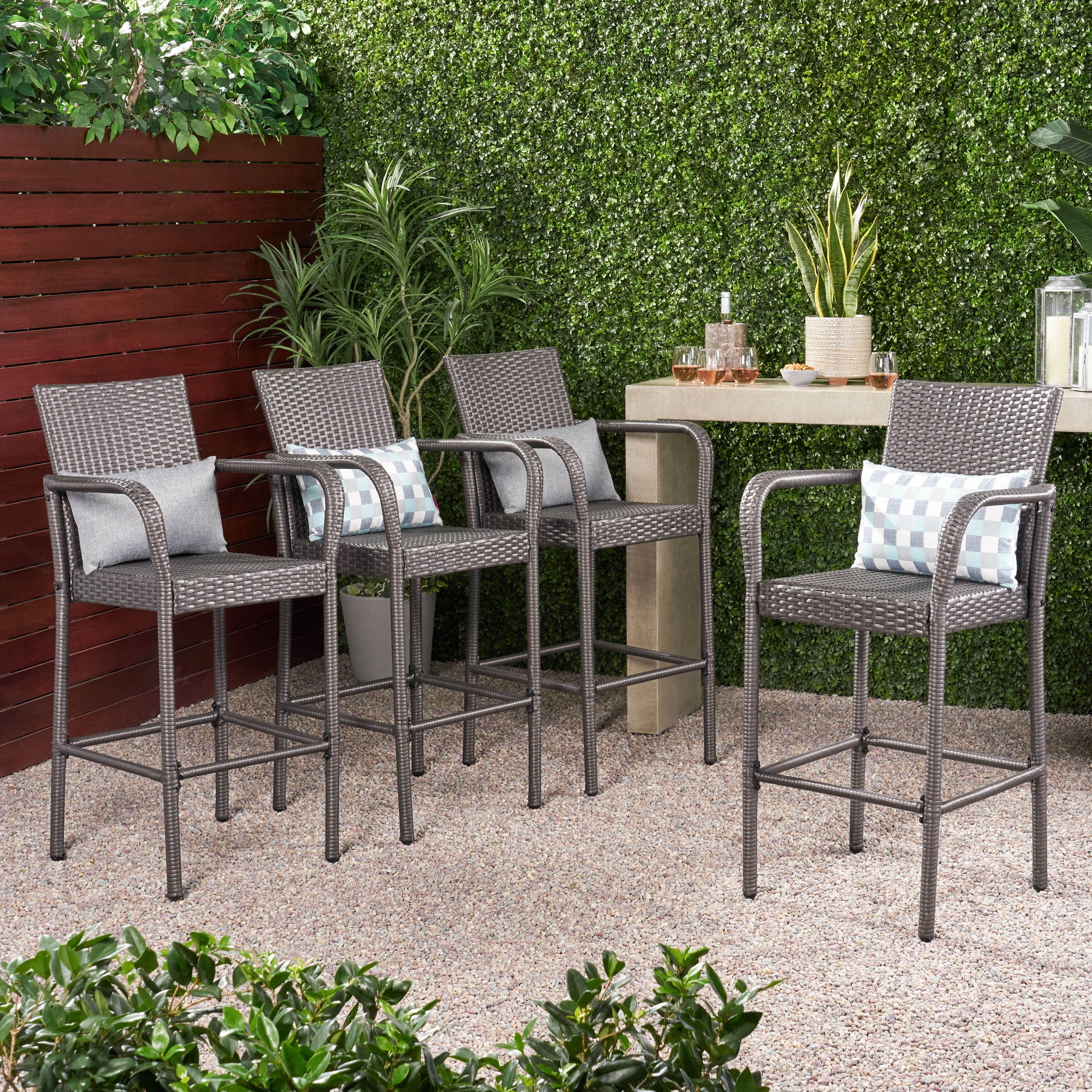 Clevertine Outdoor Wicker Barstools, Set of 4, Grey