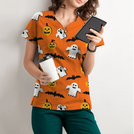 

Cotonie Women Halloween Printed Curved V-Neck Scrub Top Short Sleeve Tops Working Uniform With Pocket Blouse