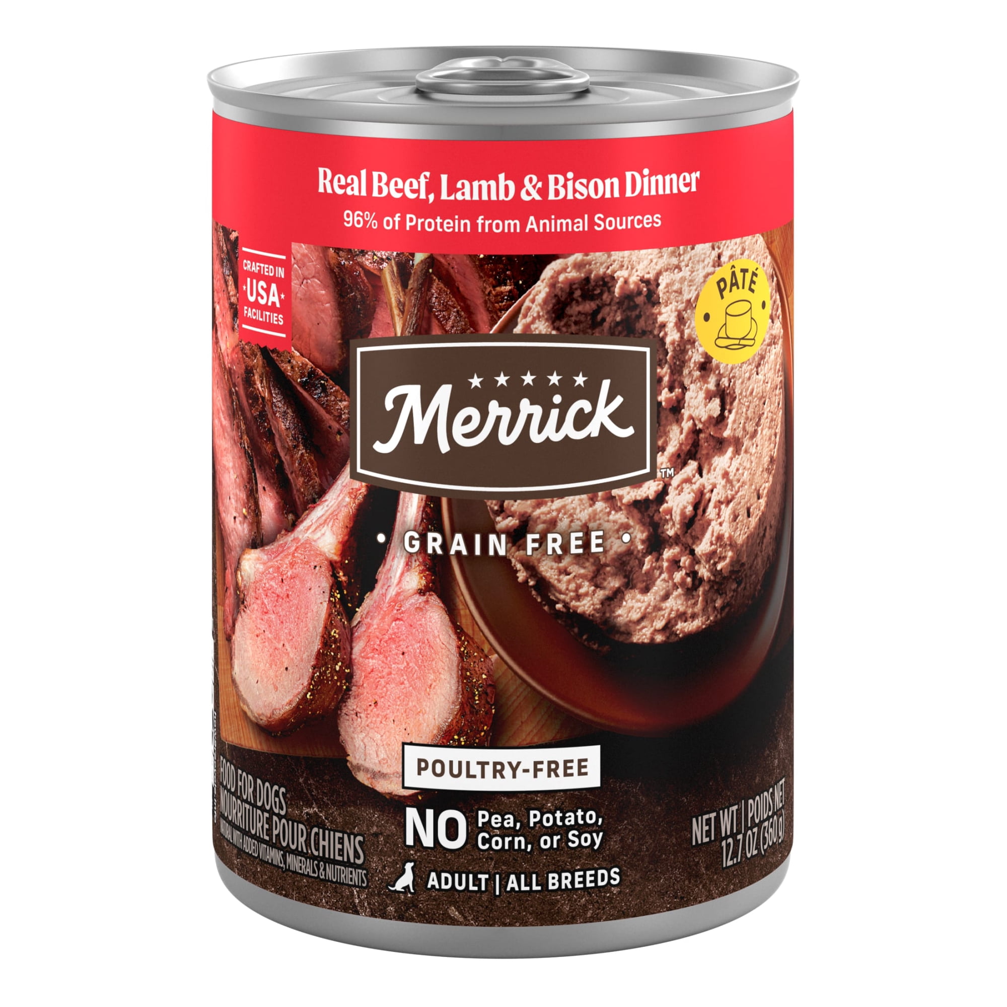 Merrick Grain Free Wet Dog Food for Adults, Real Beef, Lamb & Bison, 12.7 oz Can, 12 Pack