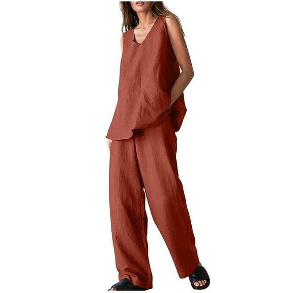 Womens Casual Cotton Linen 2 Piece Outfits V Neck Sleeveless Tank Tops Wide Leg Pants Sets Tracksuits with Pockets