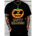 thumbnail image 2 of Men's Black Crew Neck Halloween Graphic T-Shirt, Happy Halloween Cool Pumpkin Sunglasses Short Sleeve Tee, 2 of 9