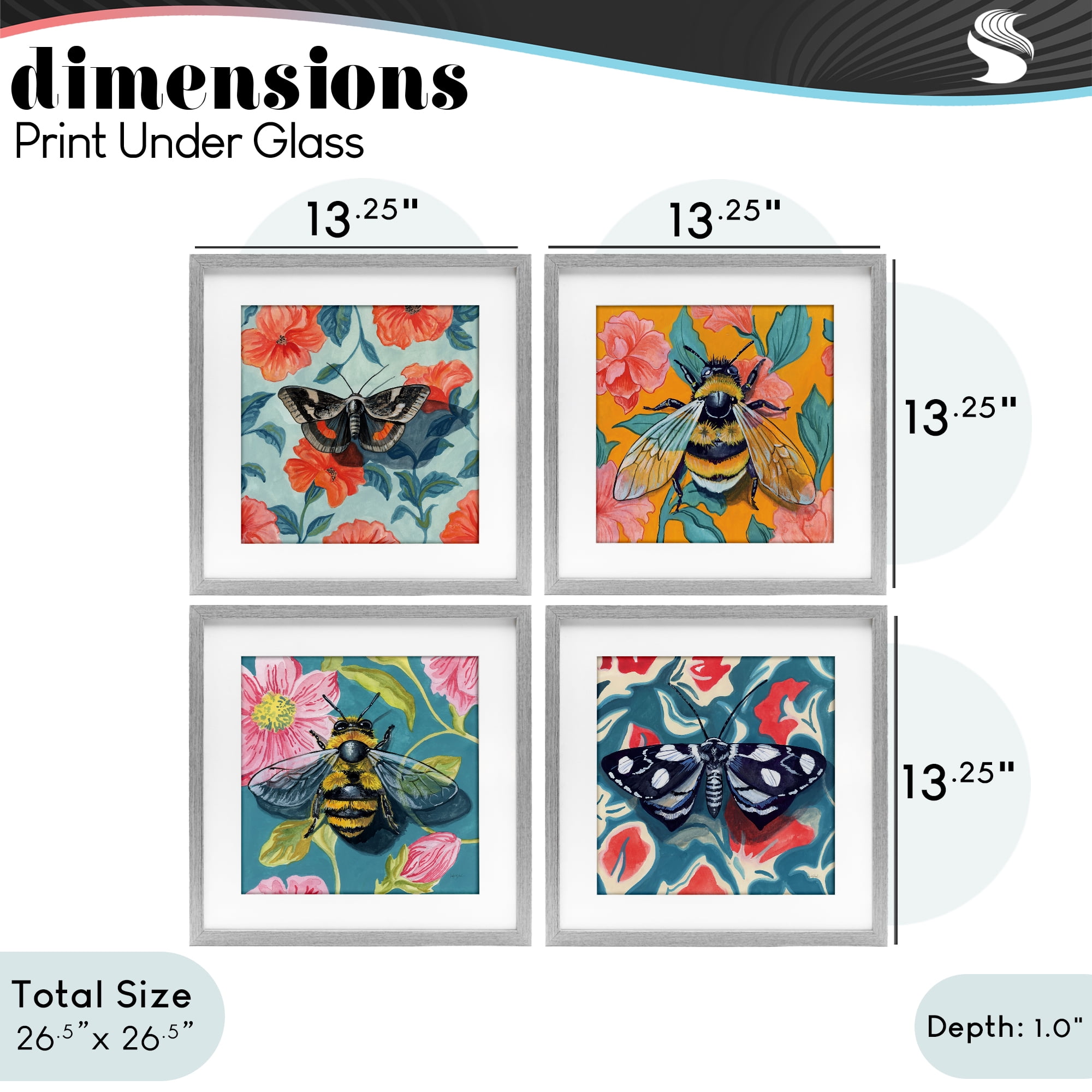 Stupell Industries Insects on Flower Patterns 4 Piece Gray Framed Print Under Glass Set, design by Kate Jarvik Birch
