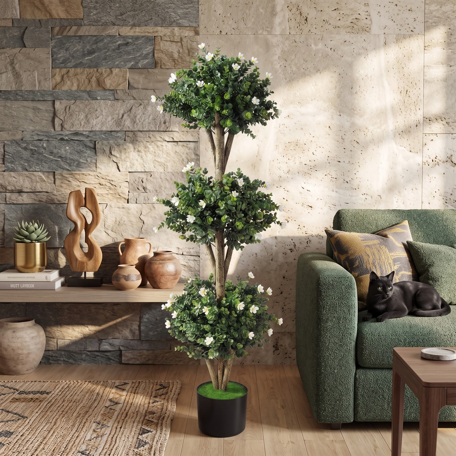 Fenbeli 51 Inch Artificial Triple Ball Boxwood Topiary Tree with 59 White Blossoms, Faux Potted Boxwood Plant with Cement-Filled Pot for Indoor Outdoor Front, White