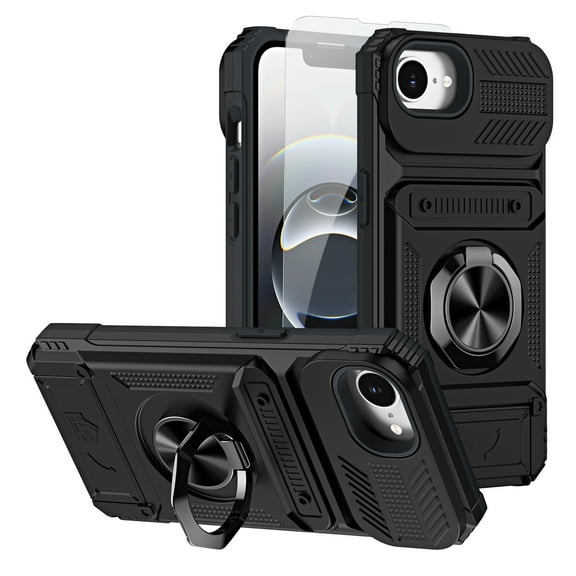 Dteck Case with Tempered Glass Screen Protector for iPhone 16e / iPhone 17e,Shockproof Card Holder [Store 2 Cards] Wallet Case Magnetic Ring Stand Dual Layer Heavy Duty Protective Cover,Black