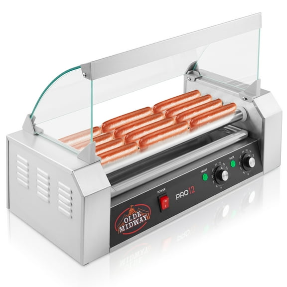 Olde Midway Electric Hot Dog Roller Grill Cooker with 5 Rollers and Cover, Cooks 12 Hot Dogs